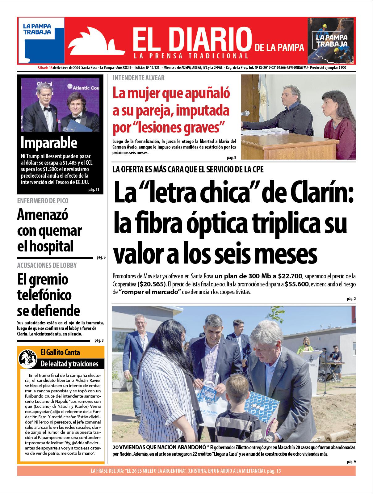 Tapa de El Diario en papel  saacutebado 18 de octubre de 2025